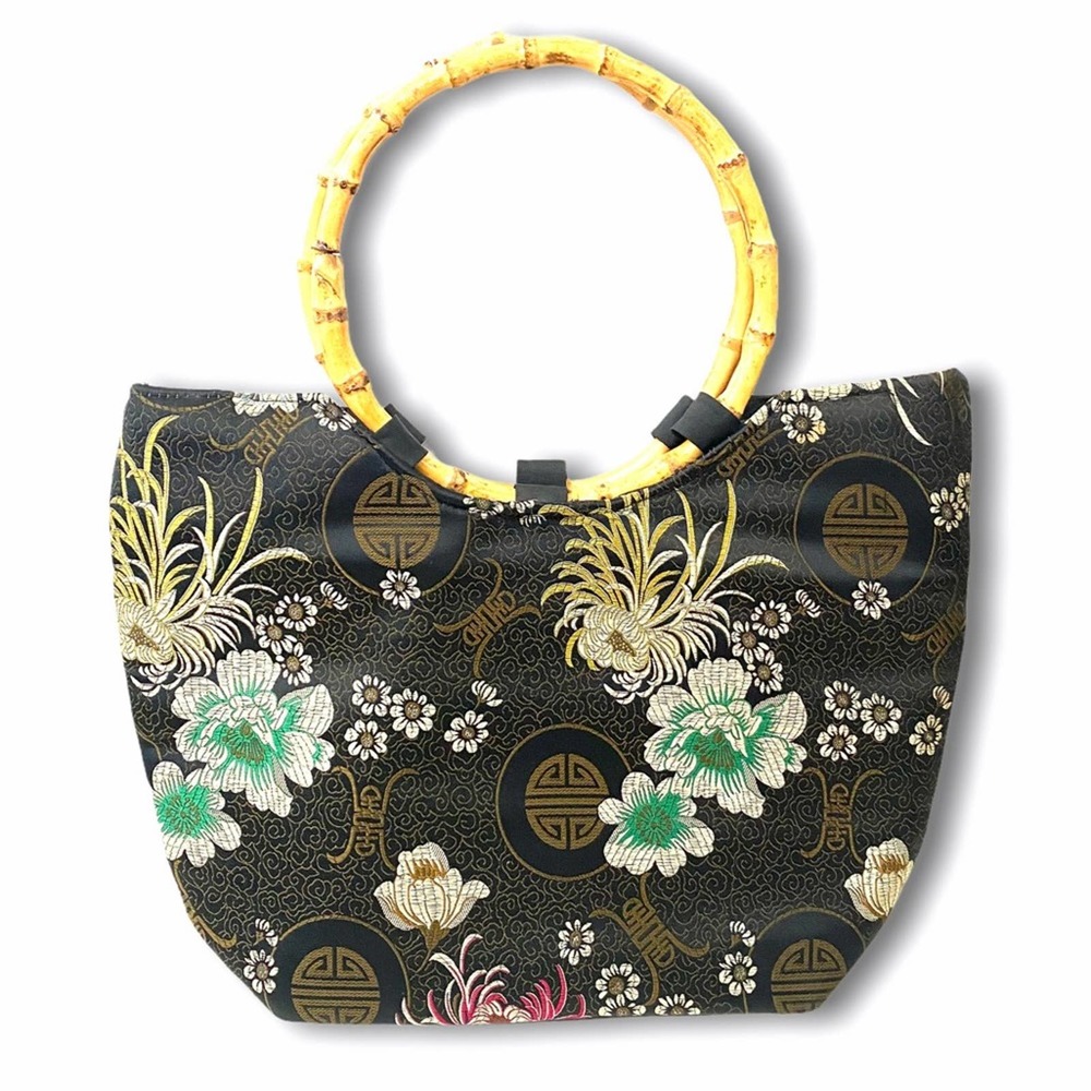 Bamboo Handle Black Asian Print Floral Round Wood Handle Canvas Handbag